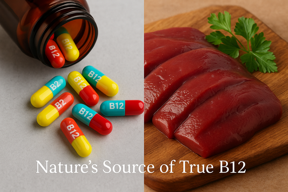 Grass-fed beef liver compared to synthetic B12 capsules — whole food source of vitamin B12 with superior bioavailability.