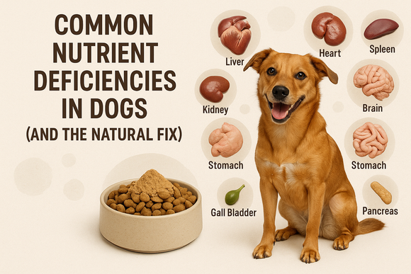 Healthy dog eating meal topper to prevent nutrient deficiencies with grass-fed organ meats (K9 Essentials)