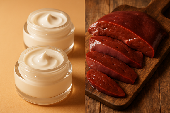 Grass-fed bovine liver rich in natural retinol compared to synthetic skincare creams for healthy glowing skin