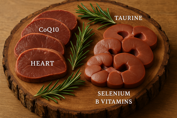 Nutrient-dense grass-fed heart and kidney providing vitamins and minerals not found in muscle meat