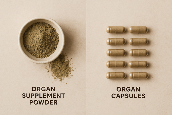 Grass-fed organ supplements in powder and capsule form shown side by side on a neutral background.