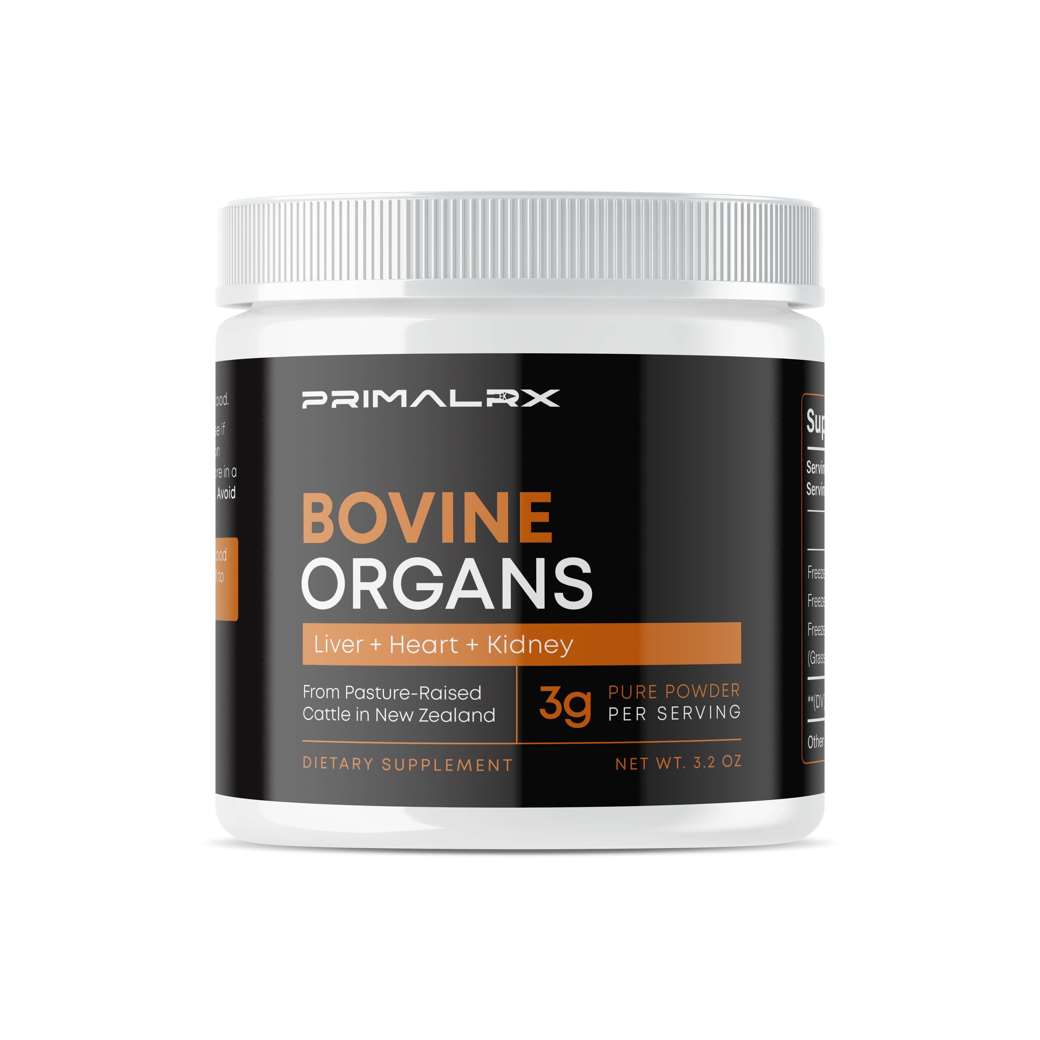 PrimalRx Grass-Fed Bovine Organs Powder – blend of liver, heart, and kidney, freeze-dried New Zealand beef organ supplement
