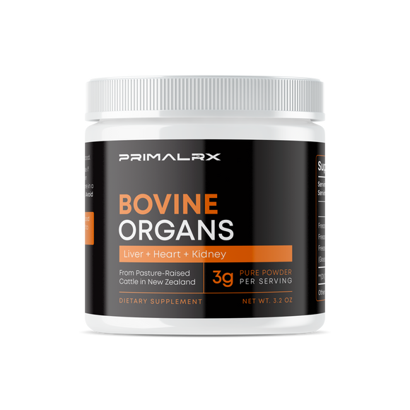 PrimalRx Grass-Fed Bovine Organs Powder – blend of liver, heart, and kidney, freeze-dried New Zealand beef organ supplement