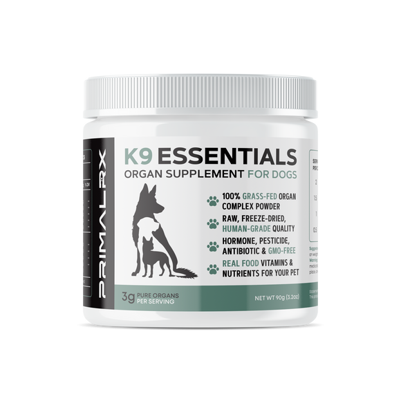 PrimalRx K9 Essentials Dog Supplement – grass-fed multi-organ powder with liver, heart, kidney, spleen, brain, pancreas, and digestive organs